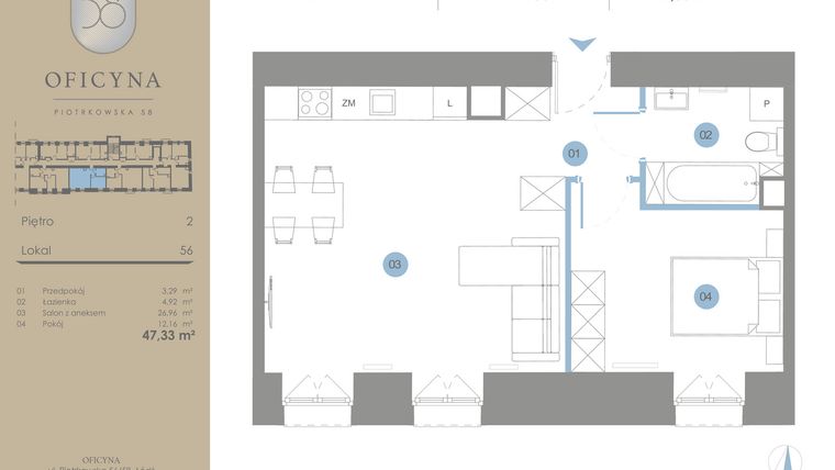 Rzut - Mieszkanie na sprzedaż 2 pokoje o powierzchni 47,33 m² - numer 56 w Oficyna - mieszkania