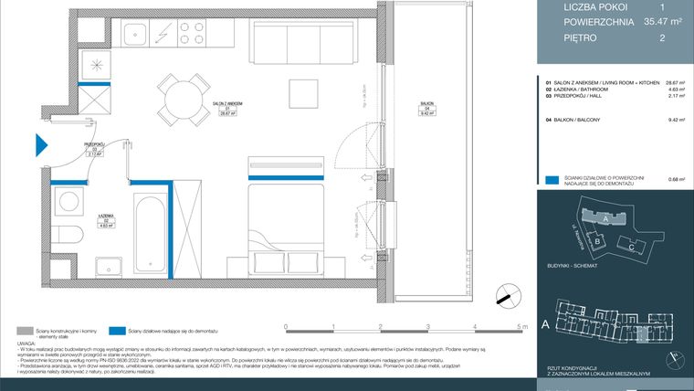 Rzut - Mieszkanie na sprzedaż 1 pokój o powierzchni 35,47 m² - numer A.2.3.3 w Meri Apartamenty