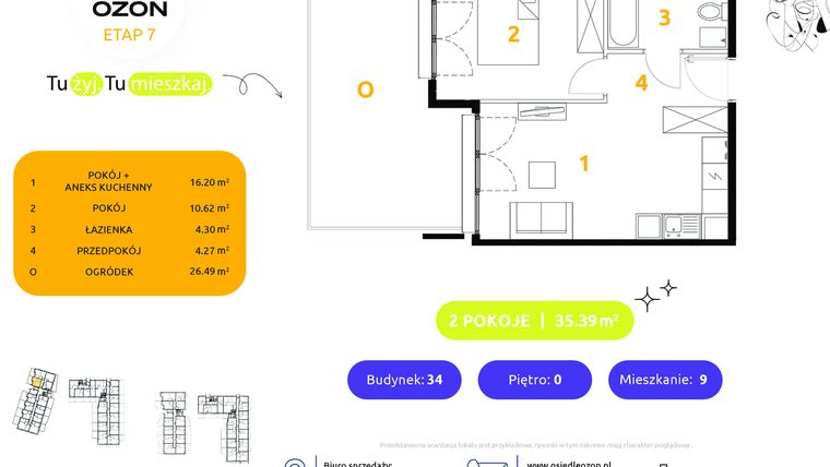 Rzut - Mieszkanie na sprzedaż 2 pokoje o powierzchni 35,39 m² - numer 34.9 w Osiedle Ozon etap VII