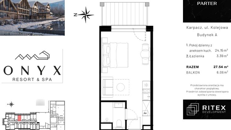 Rzut - Mieszkanie na sprzedaż 1 pokój o powierzchni 27,67 m² - numer NR 0.A13 w Onyx Resort & Spa