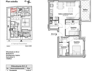 Rzut - Mieszkanie na sprzedaż 3 pokoje o powierzchni 50,62 m² - numer B.1.2 w Nowa Fregata