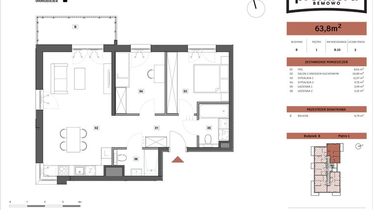 Rzut - Mieszkanie na sprzedaż 3 pokoje o powierzchni 63,8 m² - numer B.10 w Premiera Bemowo