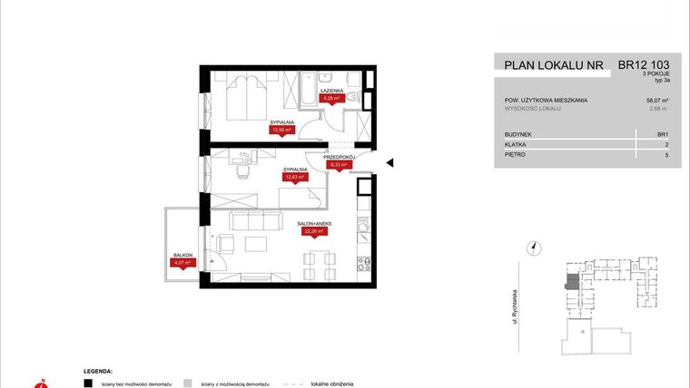 Rzut - Mieszkanie na sprzedaż 3 pokoje o powierzchni 58,07 m² - numer BR12/103 w Browary Wrocławskie 2