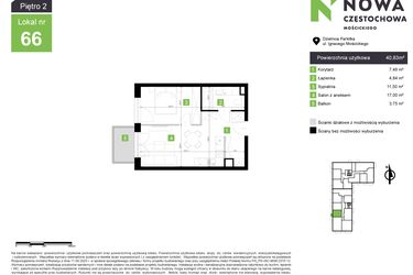 Rzut - Mieszkanie na sprzedaż 2 pokoje o powierzchni 40,83 m² - numer M66 w Nowa Częstochowa Mościckiego