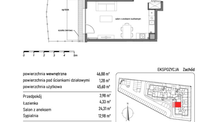 Rzut - Mieszkanie na sprzedaż 2 pokoje o powierzchni 46,88 m² - numer 2.1.8. w Dywizjonu 303
