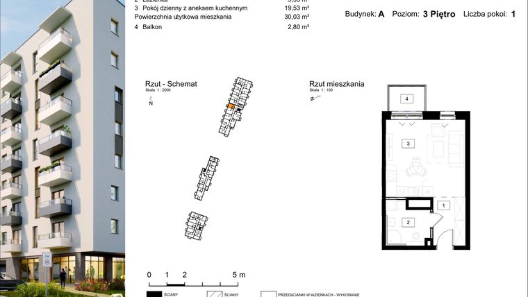 Rzut - Mieszkanie na sprzedaż 1 pokój o powierzchni 30,03 m² - numer A.41 w Osiedle Kochanowskiego - Gliwice
