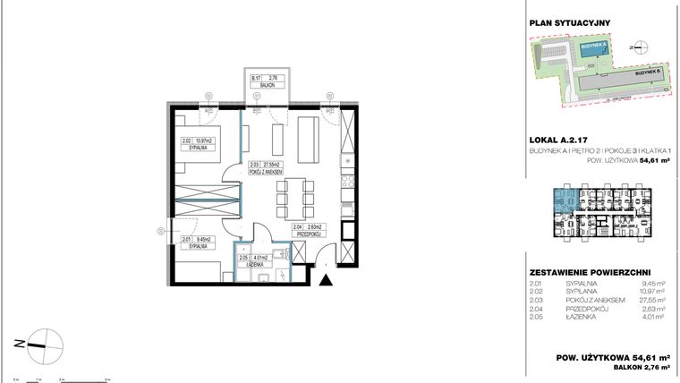 Rzut - Mieszkanie na sprzedaż 3 pokoje o powierzchni 55,27 m² - numer A.2.17 w Jabłonova