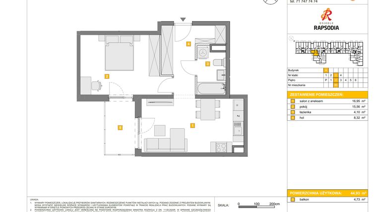 Rzut - Mieszkanie na sprzedaż 2 pokoje o powierzchni 44,93 m² - numer A.80 w Osiedle Rapsodia