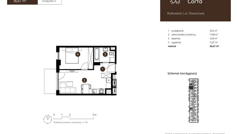 Rzut - Mieszkanie na sprzedaż 2 pokoje o powierzchni 36,67 m² - numer 2.A.2.11 w Murapol Corfa