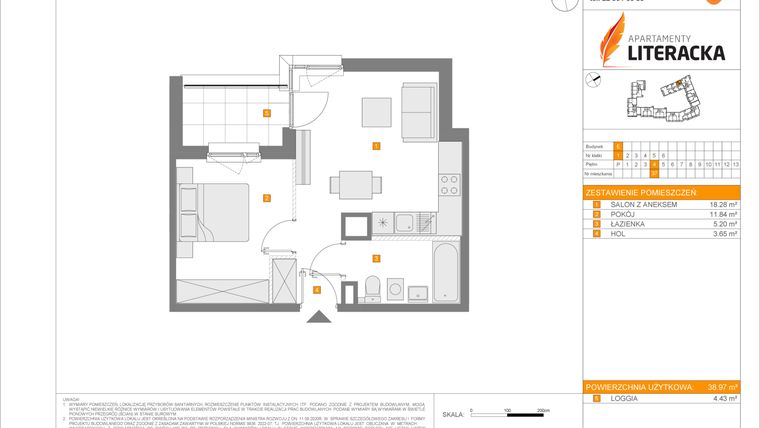 Rzut - Mieszkanie na sprzedaż 2 pokoje o powierzchni 38,97 m² - numer E.37 w Apartamenty Literacka etap 2.2