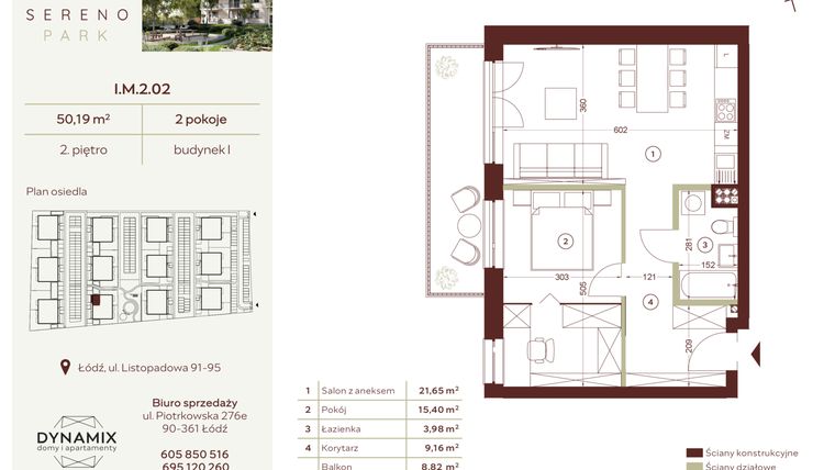 Rzut - Mieszkanie na sprzedaż 2 pokoje o powierzchni 50,19 m² - numer I.M.2.02 w Sereno Park