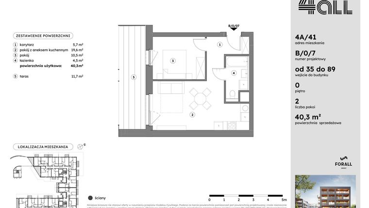 Rzut - Mieszkanie na sprzedaż 2 pokoje o powierzchni 40,21 m² - numer B/0/7 w Osiedle Mateckiego 4ALL