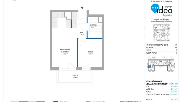 Rzut - Mieszkanie na sprzedaż 2 pokoje o powierzchni 33,84 m² - numer 6A/19 w Osiedle Idea Aquarius