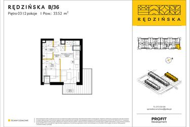 Rzut - Mieszkanie na sprzedaż 2 pokoje o powierzchni 33,52 m² - numer RD4A/B/36 w Rędzińska 4