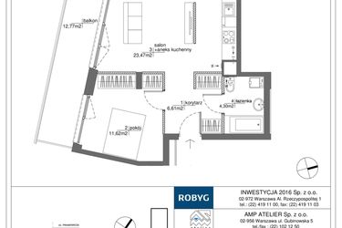 Rzut - Mieszkanie na sprzedaż 2 pokoje o powierzchni 46 m² - numer RM/1A/A/1/8 w Rytm Mokotowa - etap 1A