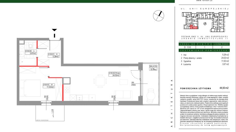 Rzut - Mieszkanie na sprzedaż 2 pokoje o powierzchni 44,6 m² - numer D130 w Grunwald Między Drzewami etap III