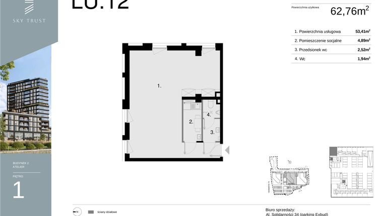 Rzut - Lokal użytkowy na sprzedaż 1 pokój o powierzchni 62,76 m² - numer LU12 w Sky Trust etap II