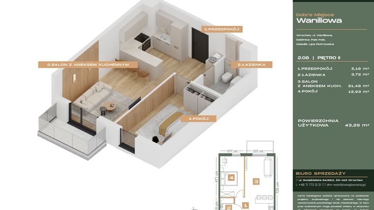 Rzut - Mieszkanie na sprzedaż 2 pokoje o powierzchni 43,29 m² - numer L.2-8 w Dobre Miejsce Waniliowa