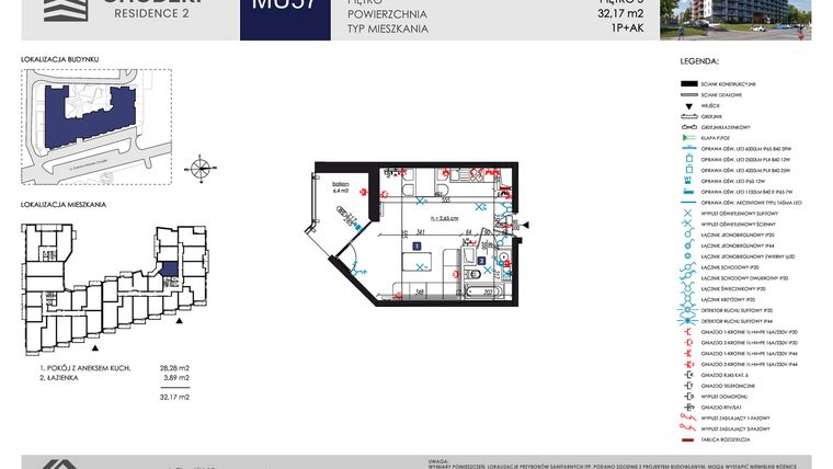 Rzut - Mieszkanie na sprzedaż 1 pokój o powierzchni 32,17 m² - numer MU57 w Chodźki Residence 2 - apartamenty inwestycyjne