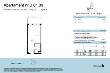 Rzut - Mieszkanie na sprzedaż 1 pokój o powierzchni 32,79 m² - numer B.01.09 w Wave Świnoujście Thermal & Spa