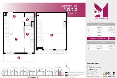 Rzut - Mieszkanie na sprzedaż 2 pokoje o powierzchni 74,87 m² - numer 1.G.2.3 w 2M Apartments etap IV