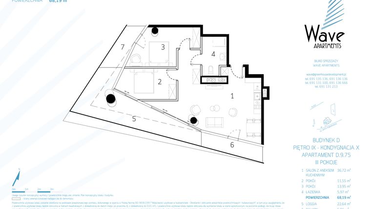 Rzut - Mieszkanie na sprzedaż 3 pokoje o powierzchni 67,78 m² - numer D.9.75 w Wave Międzyzdroje Resort & Spa