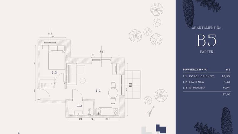 Rzut - Mieszkanie na sprzedaż 3 pokoje o powierzchni 27,02 m² - numer B5 w Rysulówka 70