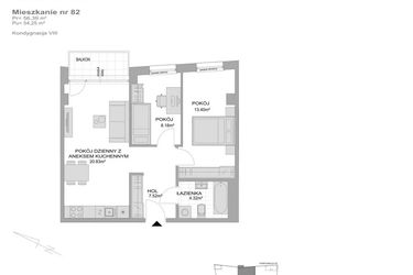 Rzut - Mieszkanie na sprzedaż 3 pokoje o powierzchni 56,39 m² - numer CP/R7/82 w Centralpark