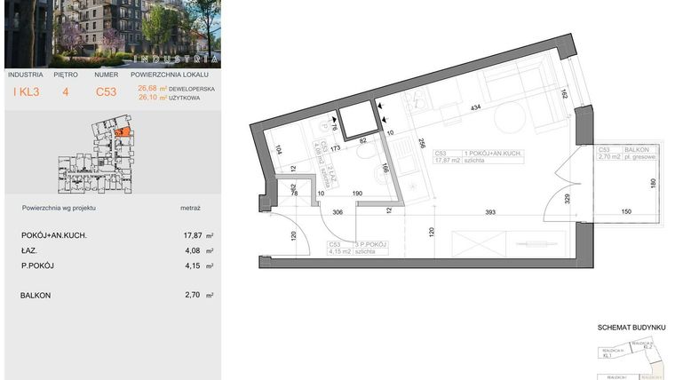 Rzut - Mieszkanie na sprzedaż 1 pokój o powierzchni 26,1 m² - numer I-C53 w Industria etap I-D