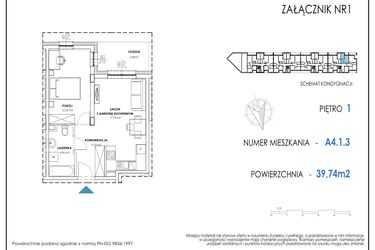 Rzut - Mieszkanie na sprzedaż 2 pokoje o powierzchni 39,74 m² - numer A4.1.3 w Apartamenty Nowe Miasto