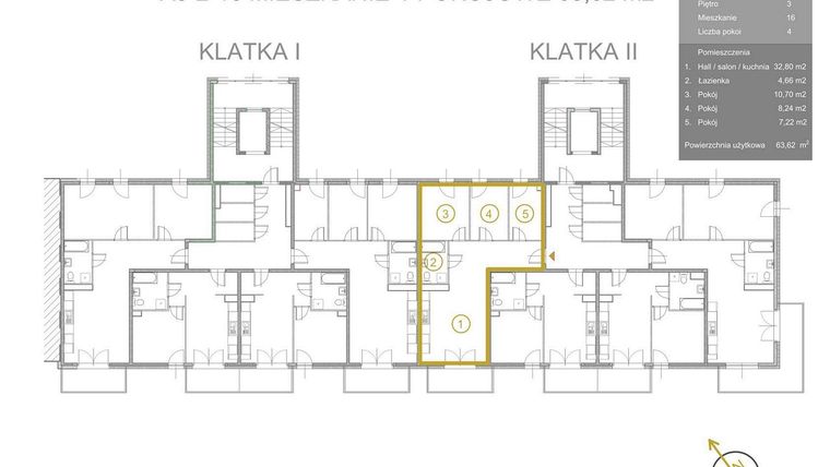Rzut - Mieszkanie na sprzedaż 4 pokoje o powierzchni 63,62 m² - numer A3-2-16 w Vidok Residence - etap III