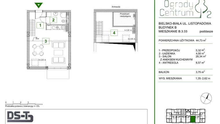 Rzut - Mieszkanie na sprzedaż 1 pokój o powierzchni 44,73 m² - numer B.3.33 w Ogrody Centrum 2