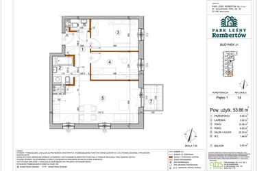 Rzut - Mieszkanie na sprzedaż 3 pokoje o powierzchni 53,86 m² - numer J1-14 w Park Leśny Rembertów etap VIII