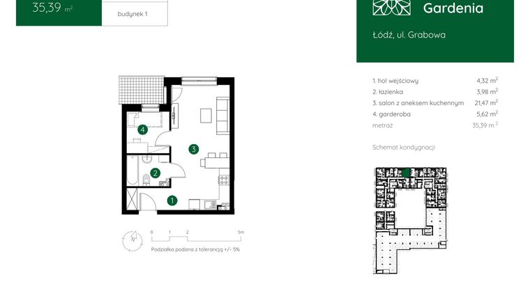 Rzut - Mieszkanie na sprzedaż 1 pokój o powierzchni 35,39 m² - numer 1.D.0.09 w Murapol Gardenia