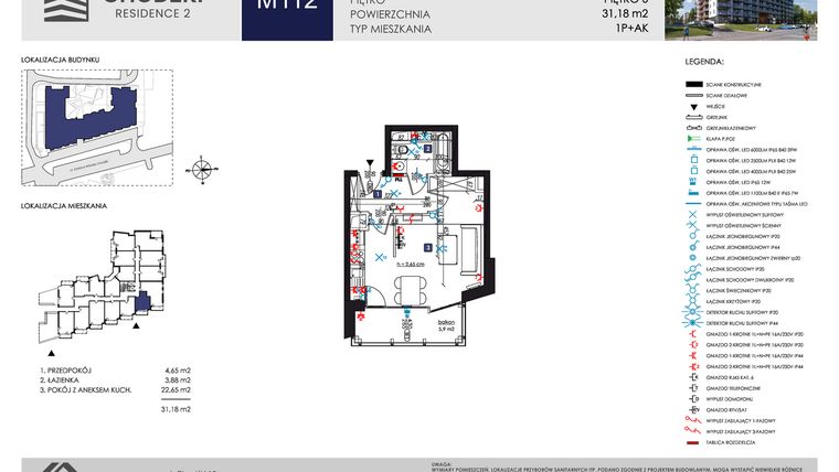 Rzut - Mieszkanie na sprzedaż 1 pokój o powierzchni 31,18 m² - numer M112 w Chodźki Residence 2