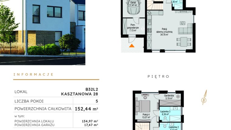 Rzut - Dom na sprzedaż 5 pokoi o powierzchni 152,44 m² - numer B32L2 w Szczodre etap V