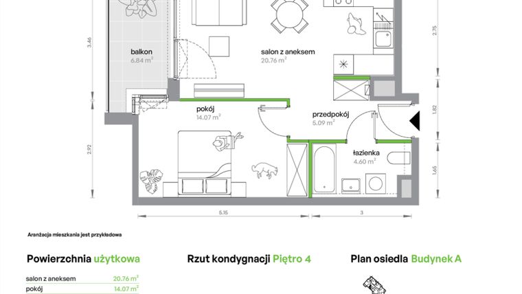 Rzut - Mieszkanie na sprzedaż 2 pokoje o powierzchni 44,52 m² - numer AB0405/4 w M Bemowo