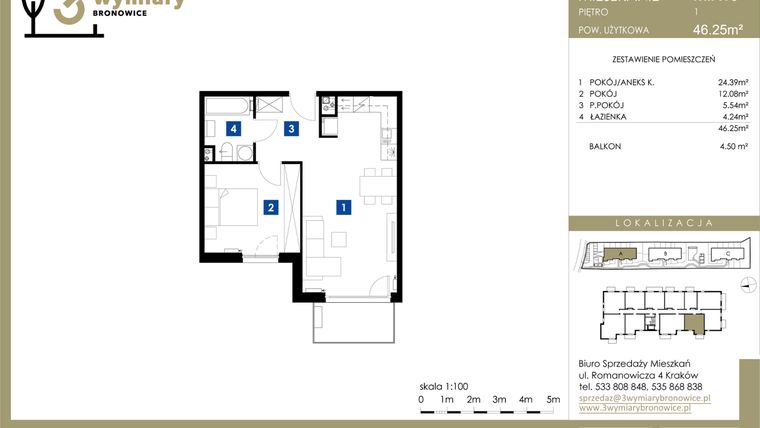 Rzut - Mieszkanie na sprzedaż 2 pokoje o powierzchni 46,25 m² - numer M.A13 w 3 Wymiary Bronowice