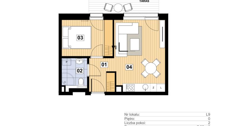 Rzut - Mieszkanie na sprzedaż 2 pokoje o powierzchni 34,43 m² - numer L-9 w Mickiewicza 21 Residence
