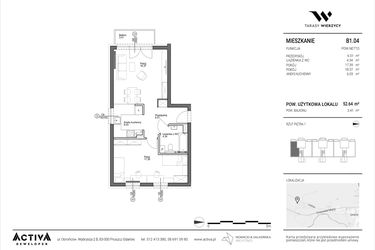 Rzut - Mieszkanie na sprzedaż 2 pokoje o powierzchni 52,64 m² - numer B1.04 w Tarasy Wierzycy