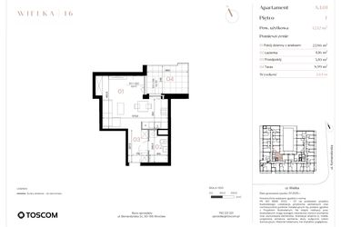 Rzut - Mieszkanie na sprzedaż 1 pokój o powierzchni 32,12 m² - numer A/1/01 w Wielka 16