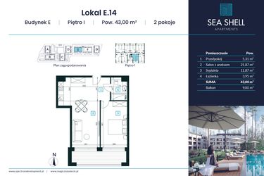 Rzut - Mieszkanie na sprzedaż 2 pokoje o powierzchni 43 m² - numer E.14 w Magiczny Łukęcin