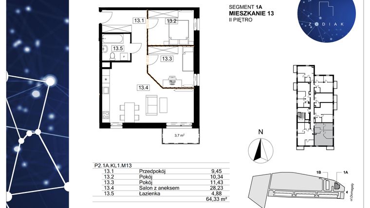 Rzut - Mieszkanie na sprzedaż 3 pokoje o powierzchni 64,33 m² - numer 39/13 w Zodiak