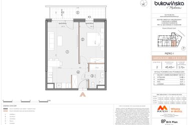 Rzut - Mieszkanie na sprzedaż 2 pokoje o powierzchni 45,42 m² - numer F2.B.01.02 w Bukowińska Mokotów etap 2