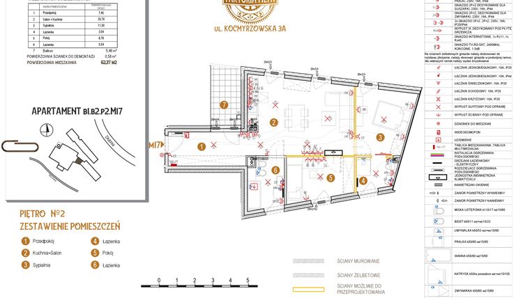 Rzut - Mieszkanie na sprzedaż 3 pokoje o powierzchni 62,37 m² - numer B1.B2.P2.M17 w Faktoria Młyn