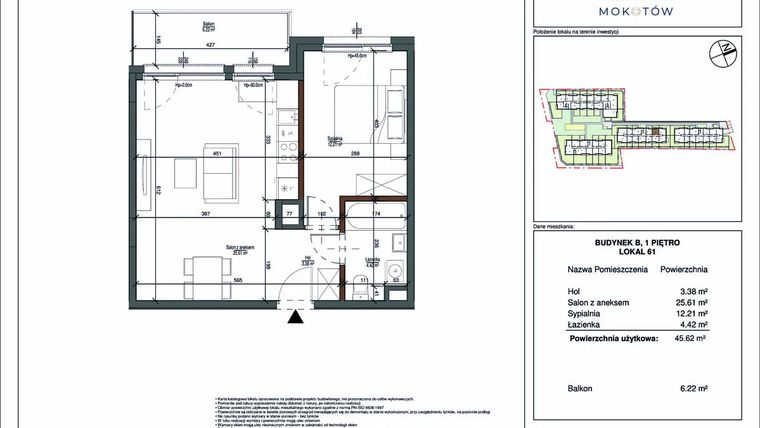 Rzut - Mieszkanie na sprzedaż 2 pokoje o powierzchni 45,62 m² - numer 61 w Aura Mokotów II