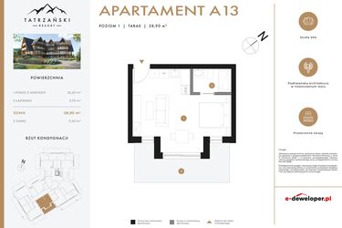 Rzut - Mieszkanie na sprzedaż 1 pokój o powierzchni 28,83 m² - numer A13 w Tatrzański Resort