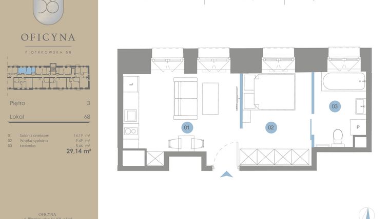 Rzut - Mieszkanie na sprzedaż 1 pokój o powierzchni 29,14 m² - numer 68 w Oficyna - mieszkania
