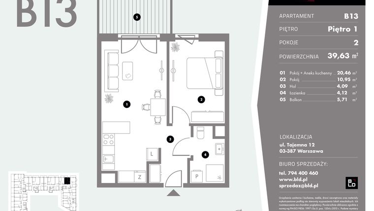 Rzut - Mieszkanie na sprzedaż 2 pokoje o powierzchni 39,63 m² - numer B13 w Livo