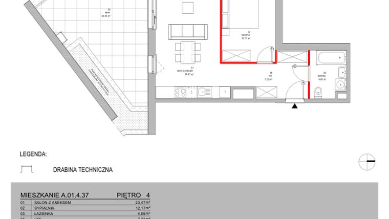 Rzut - Mieszkanie na sprzedaż 2 pokoje o powierzchni 47,72 m² - numer A.01.4.37 w Warszawska 58A